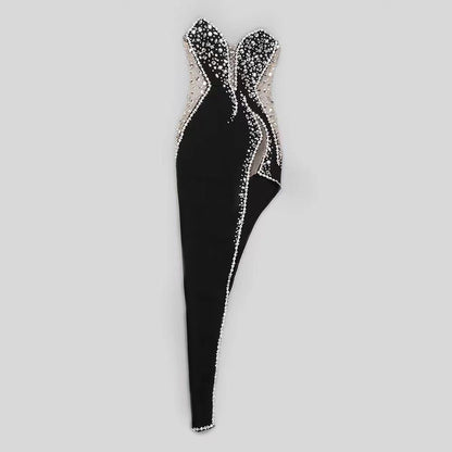 strapless nude illusion & jewels asymmetrical bandage dress
