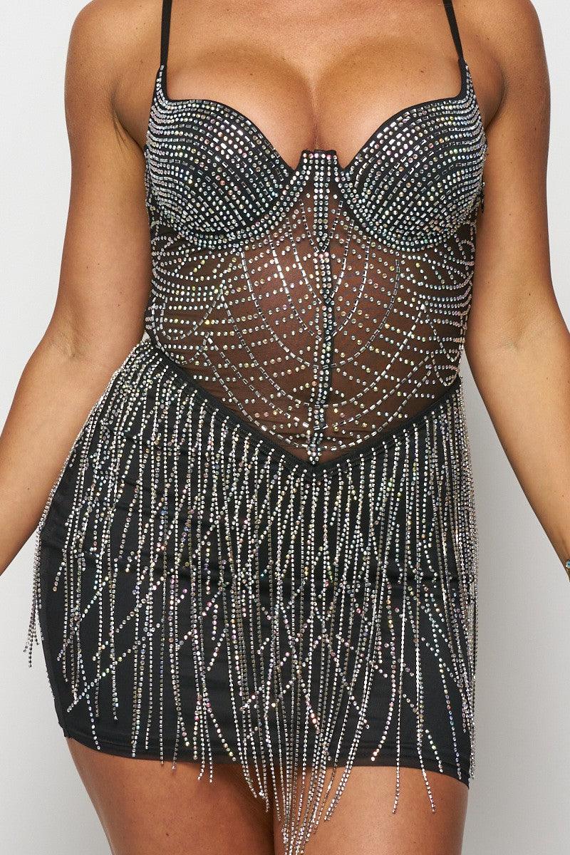 rhinestone beaded fringe bustier dress - RK Collections Boutique