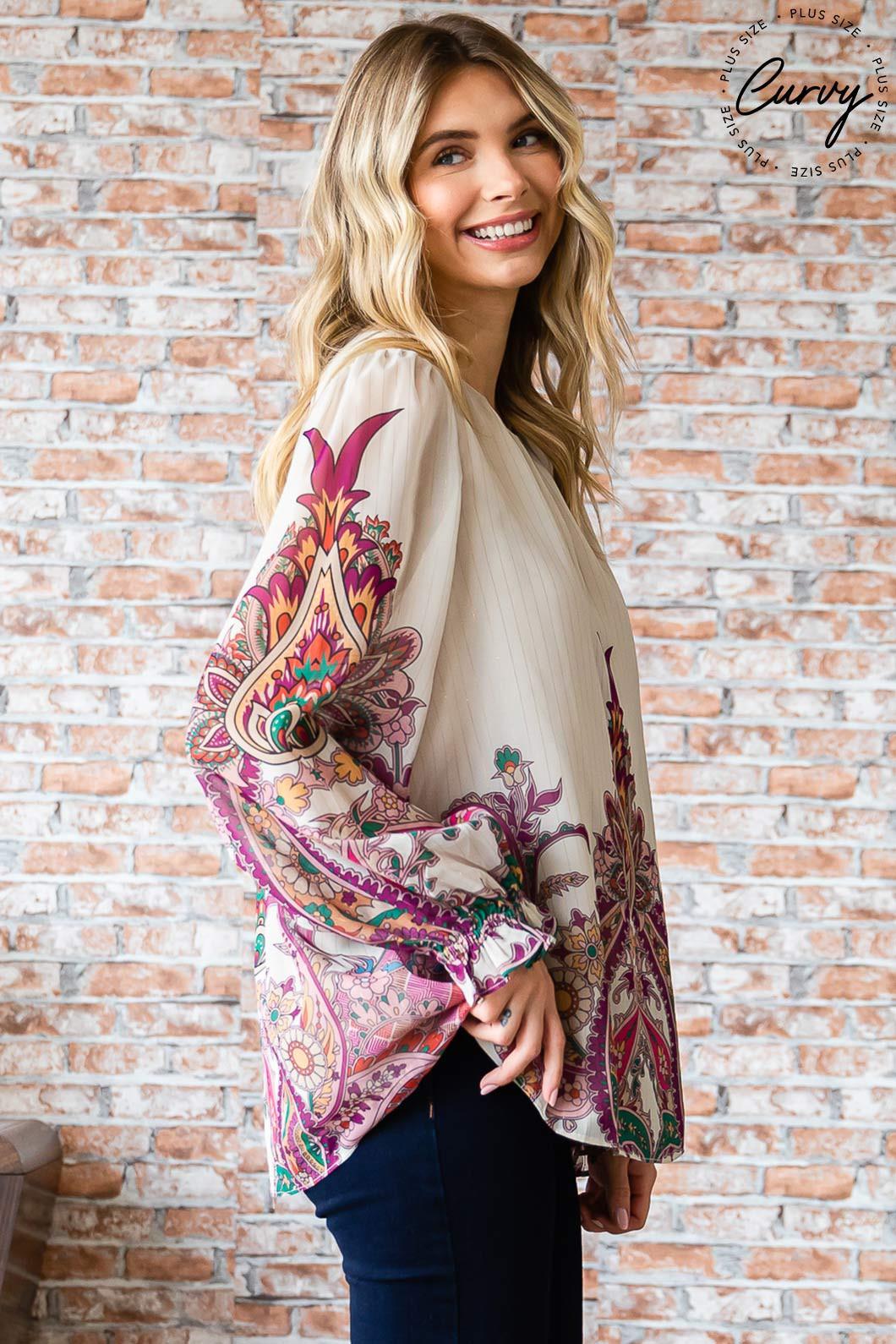 PLUS boho print Chiffon long sleeve top - RK Collections Boutique
