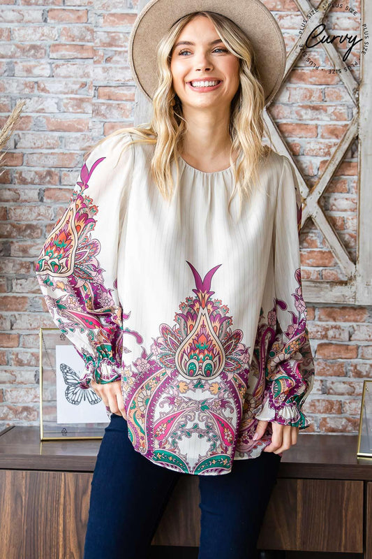 PLUS boho print Chiffon long sleeve top - RK Collections Boutique