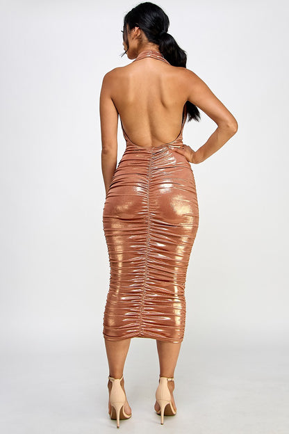 Metallic Deep Cowl Ruched Sleeveless Midi Dress