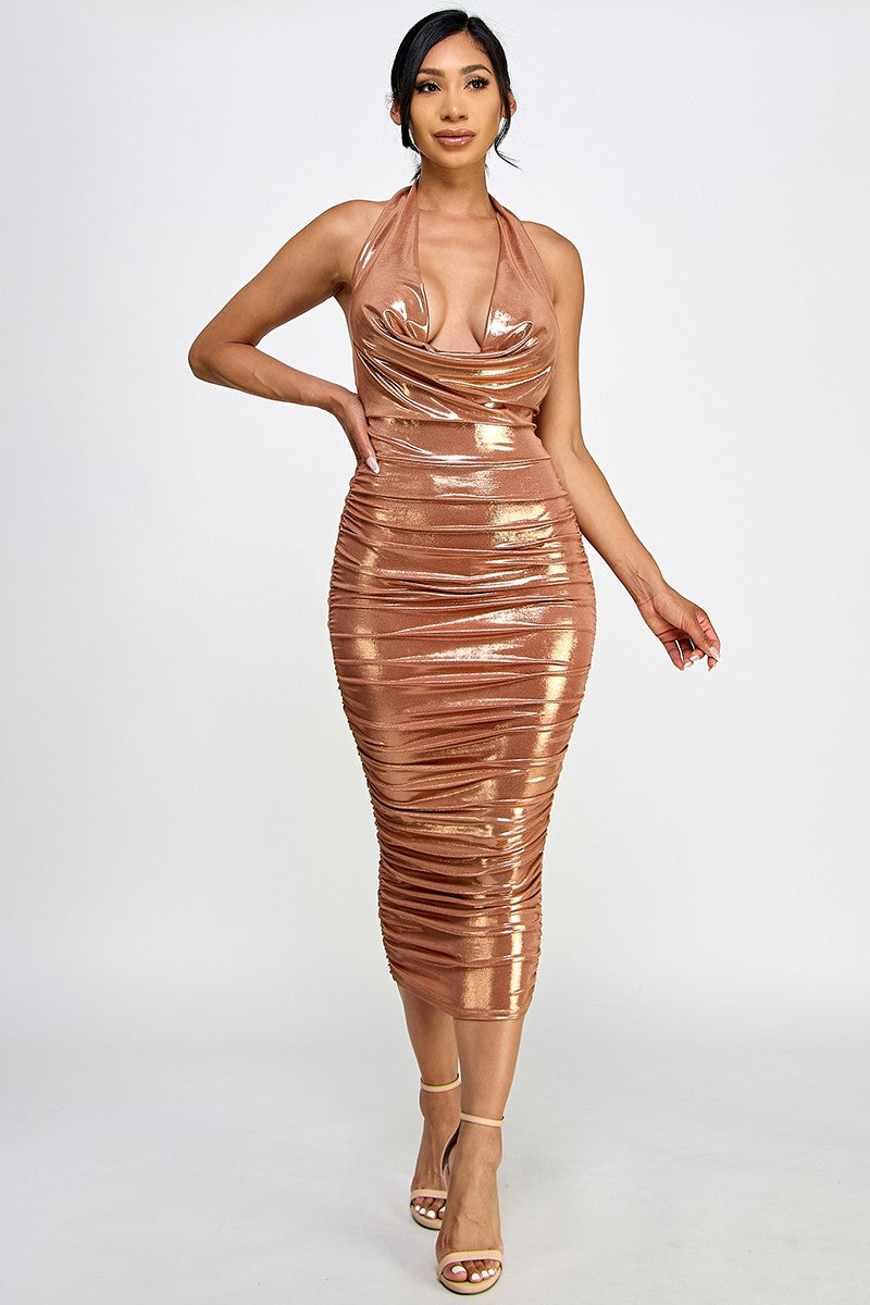 Metallic Deep Cowl Ruched Sleeveless Midi Dress