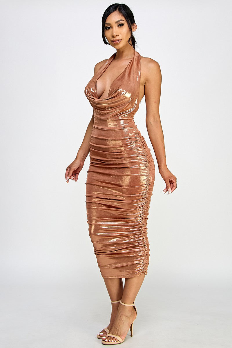 Metallic Deep Cowl Ruched Sleeveless Midi Dress