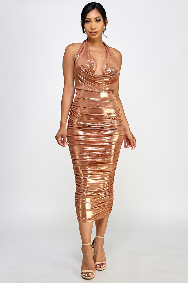 Metallic Deep Cowl Ruched Sleeveless Midi Dress