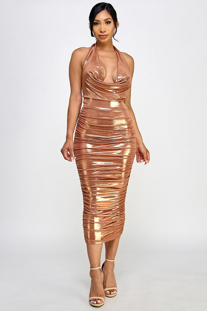 Metallic Deep Cowl Ruched Sleeveless Midi Dress