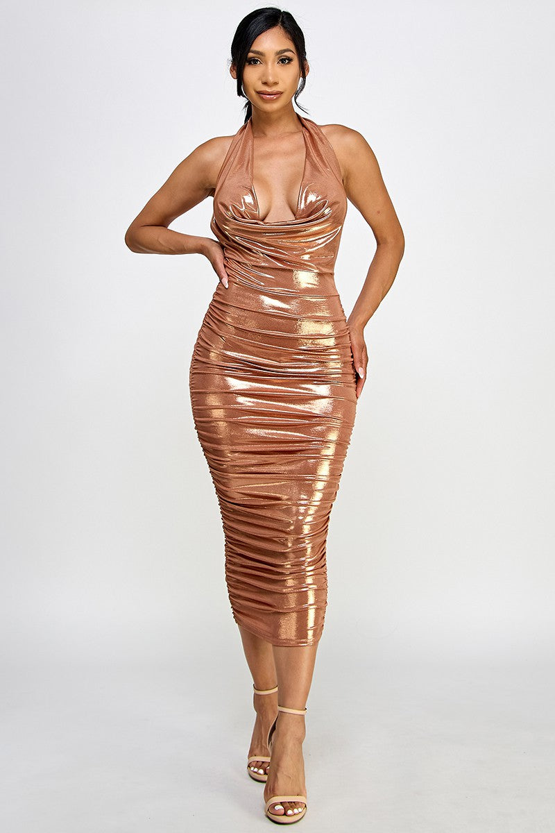 Metallic Deep Cowl Ruched Sleeveless Midi Dress