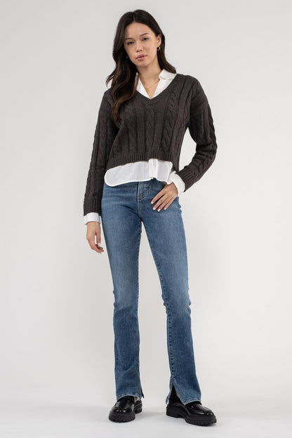layered look cable v-neck crop sweater