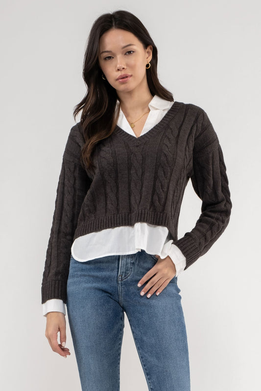 layered look cable v-neck crop sweater