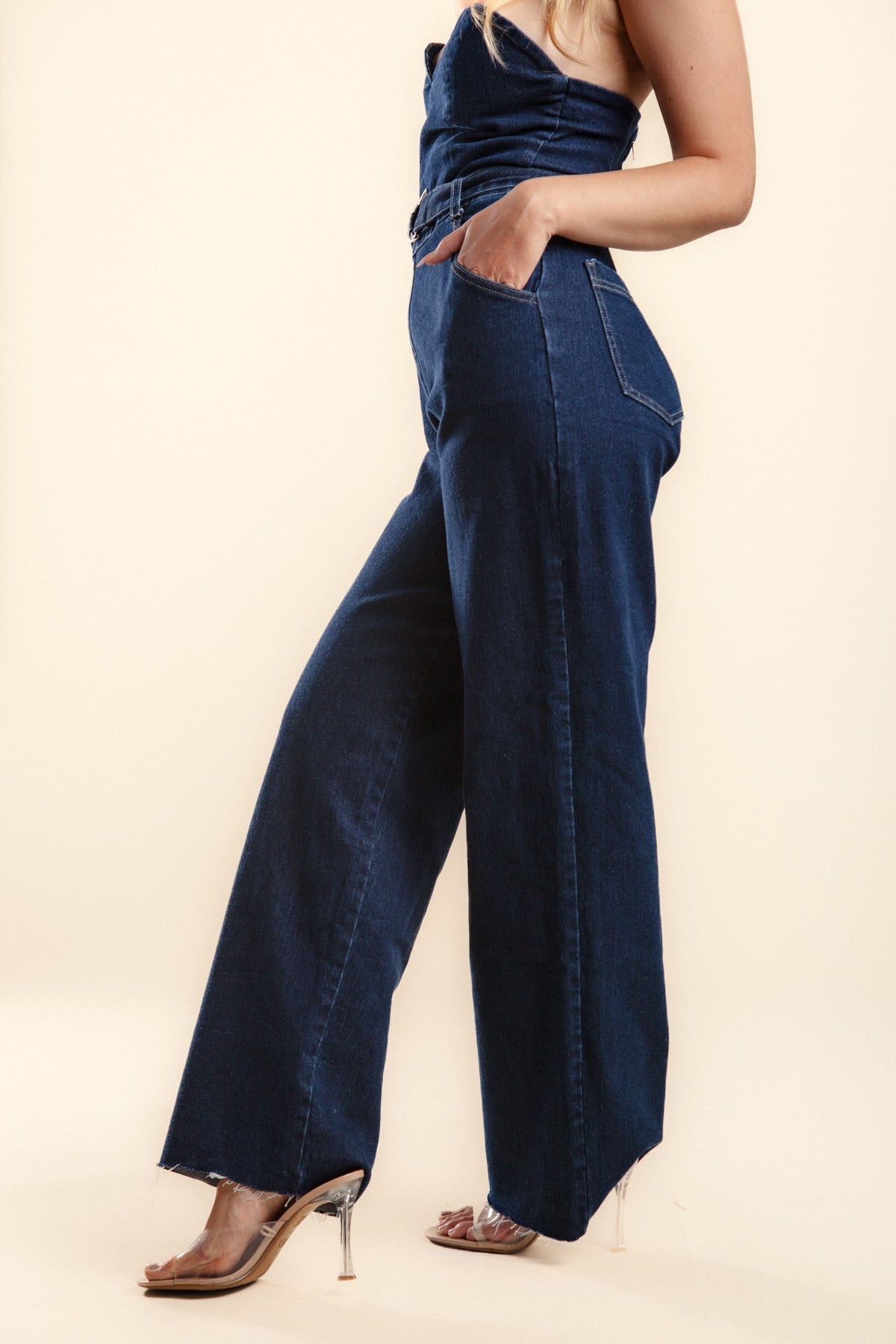 denim sweetheart strapless wide leg jumpsuit