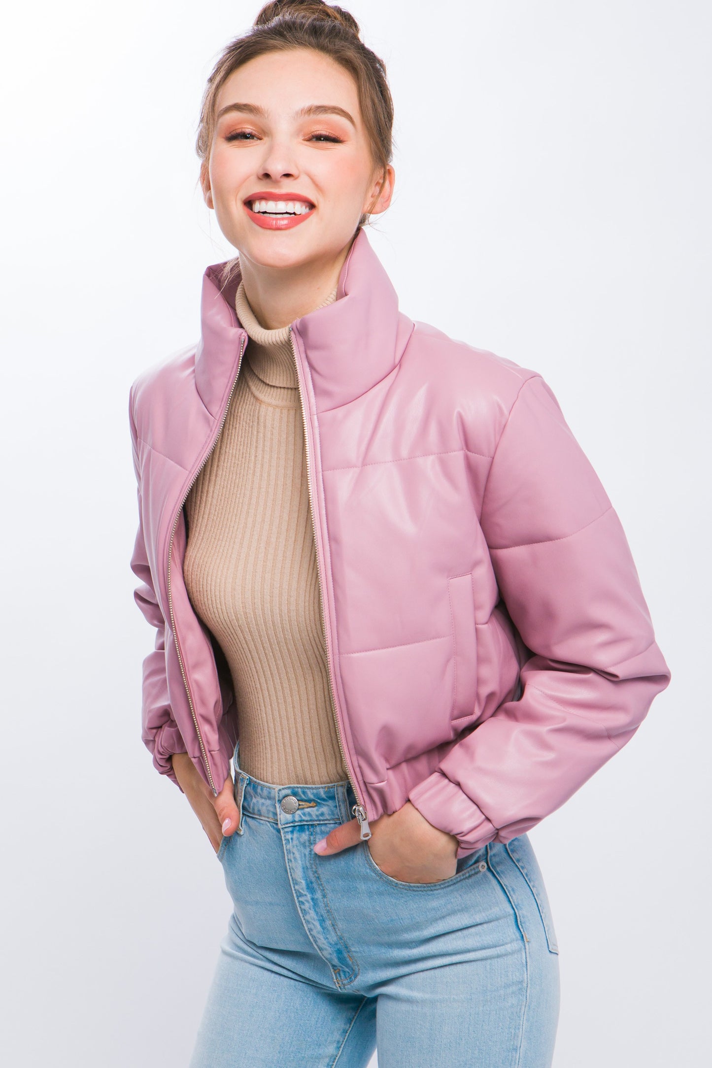 faux leather crop puffer jacket