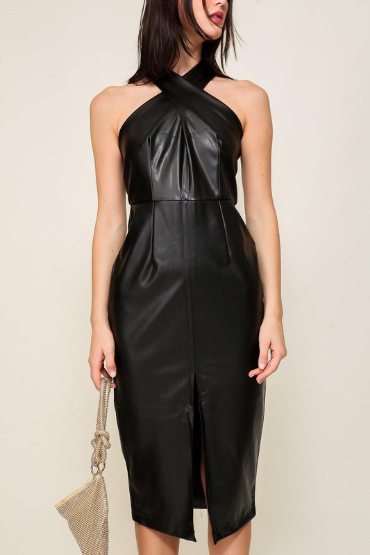 faux leather cross halter midi dress - RK Collections Boutique