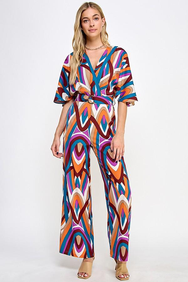 retro print short sleeve belted jumpsuit - RK Collections Boutique