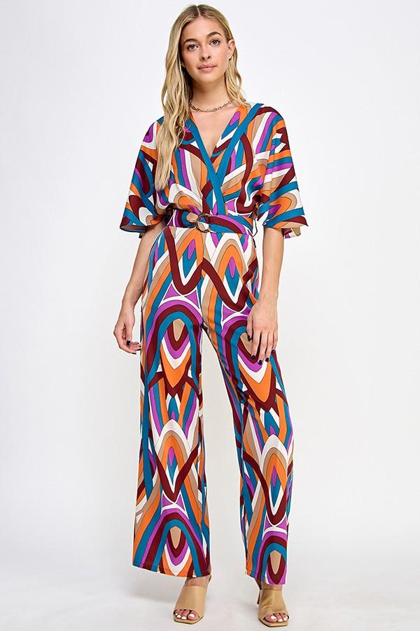 retro print short sleeve belted jumpsuit - tikolighting