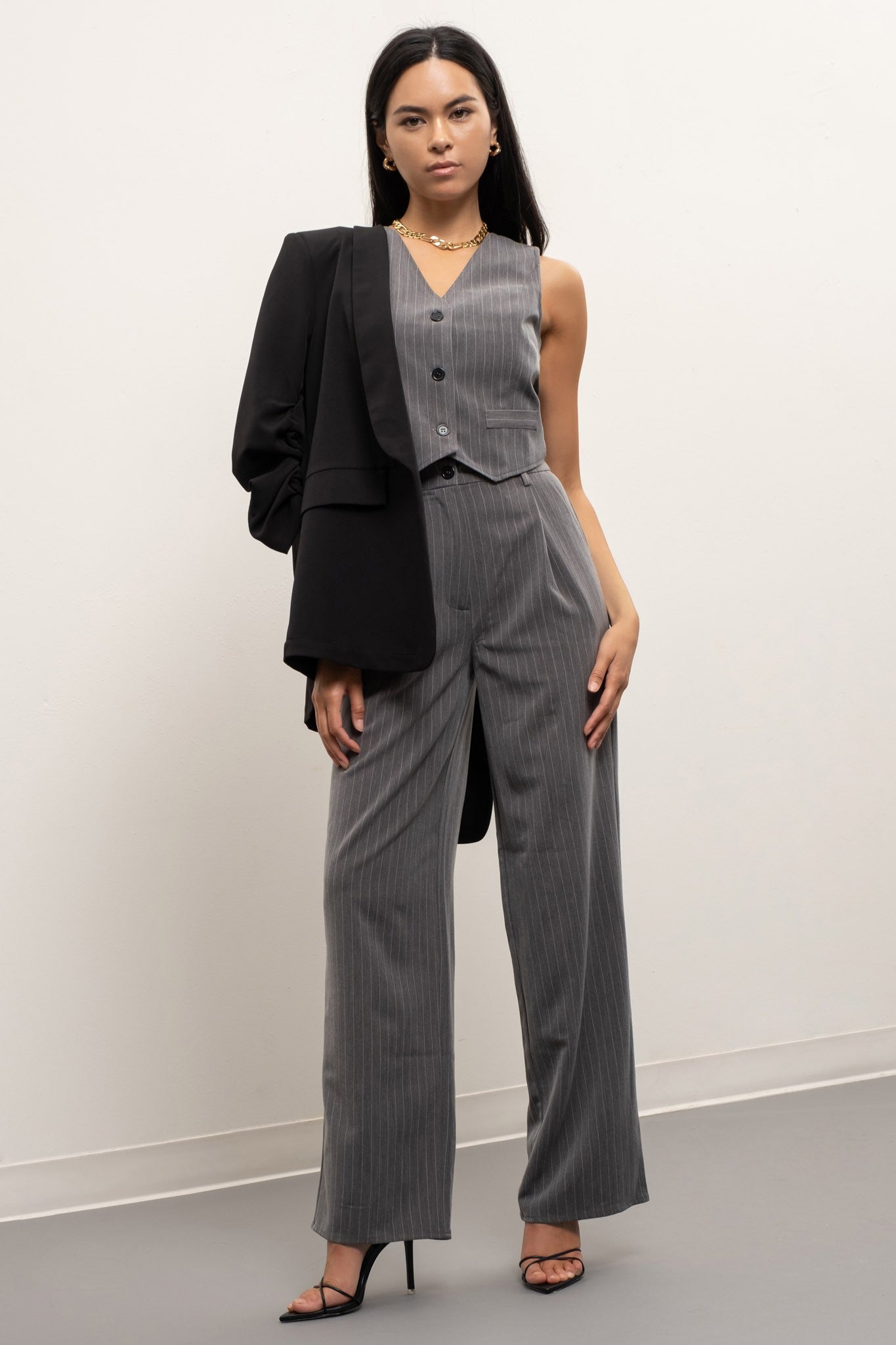 Women's black high-waist wide-leg pinstripe trousers