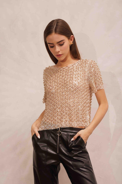 mesh sequin & pearl short sleeve top - RK Collections Boutique