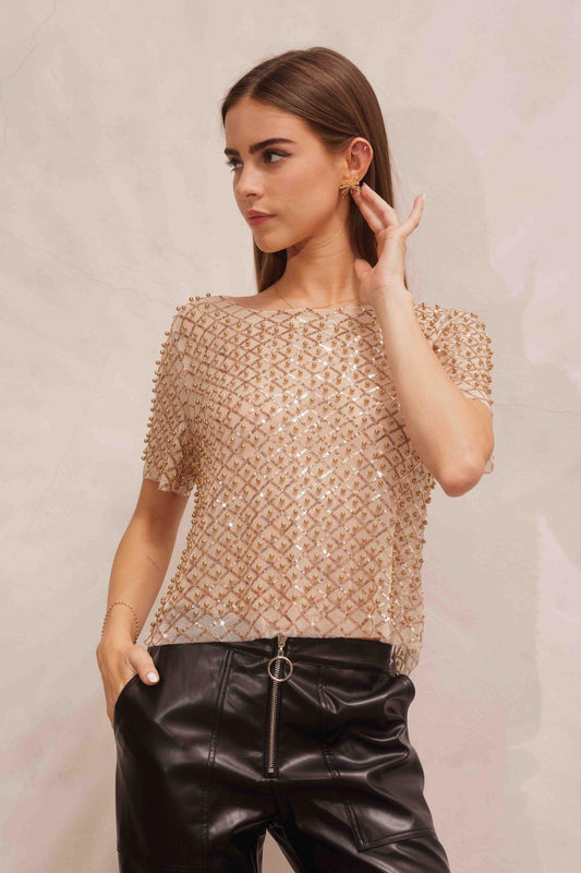 mesh sequin & pearl short sleeve top - tarpiniangroup