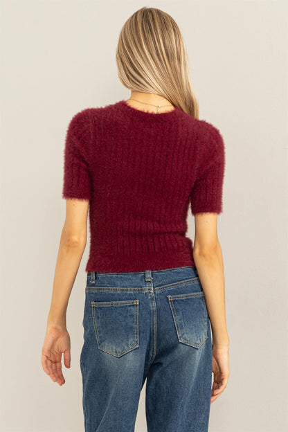 fuzzy short sleeve fitted sweater