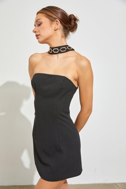 chain detail choker neck strapless mini dress - alomfejto