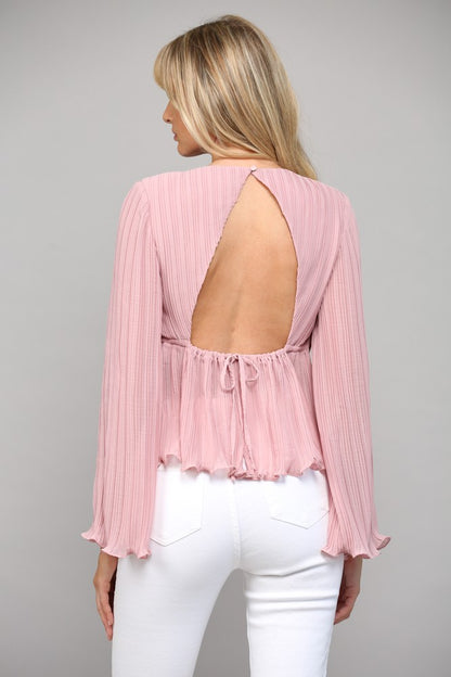 open back bell sleeve pleated blouse