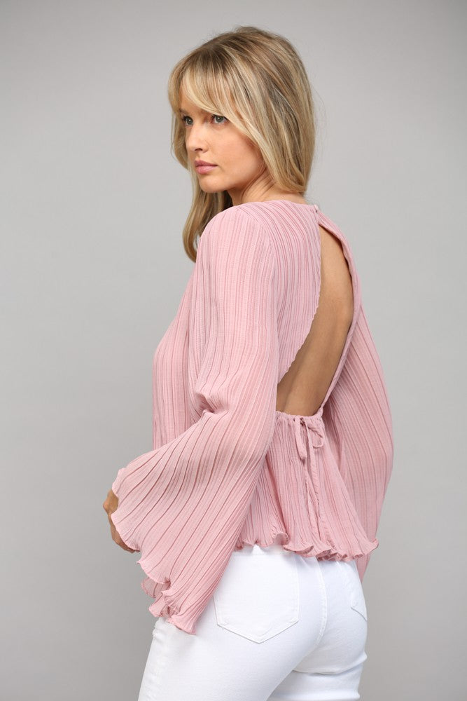 open back bell sleeve pleated blouse