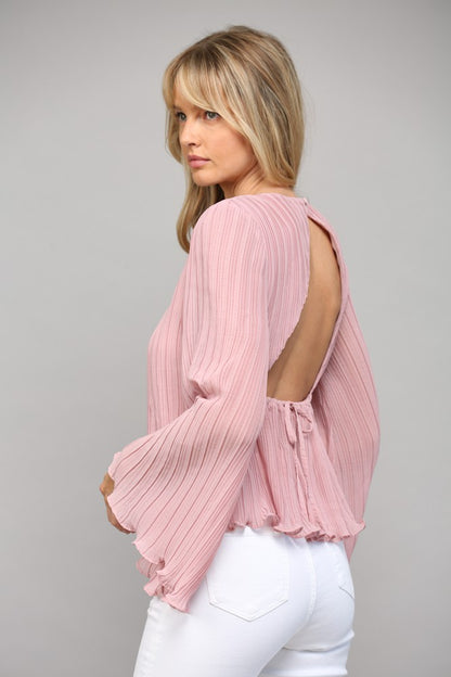 open back bell sleeve pleated blouse