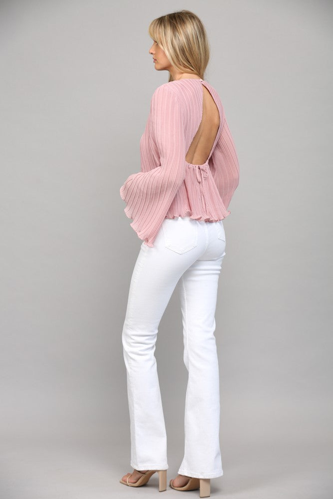 open back bell sleeve pleated blouse