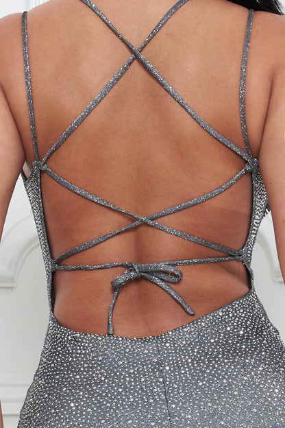 rhinestone criss cross strappy back mini dress