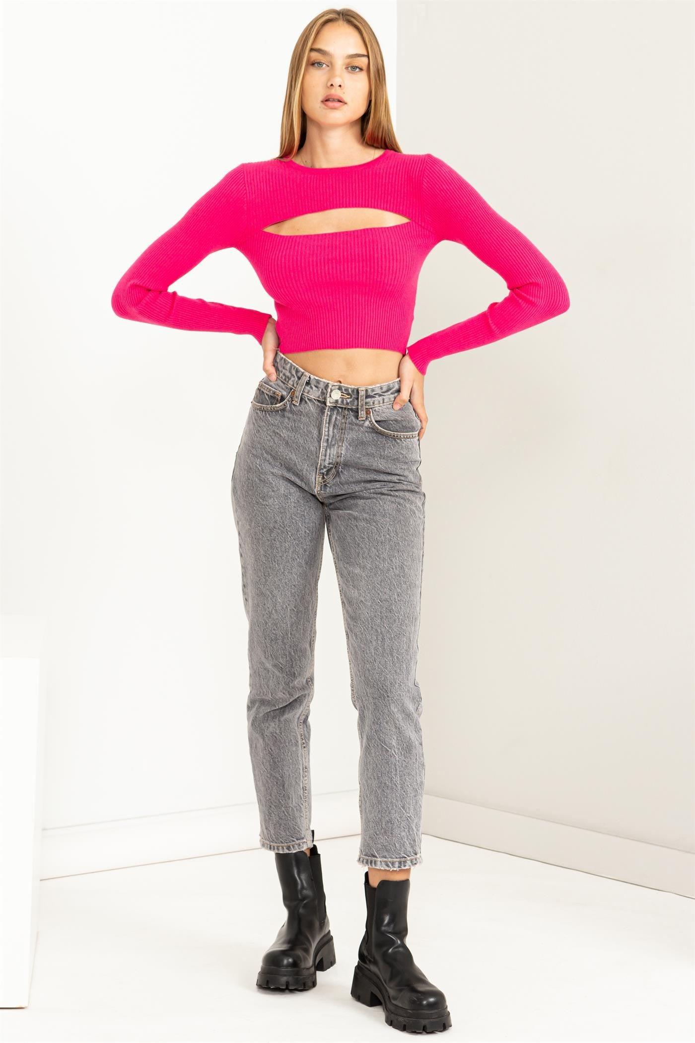 peek a boo cutout long sleeve ribbed knit top - RK Collections Boutique