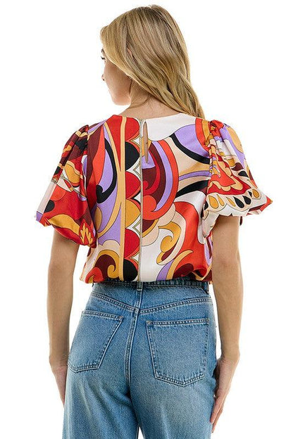 print bubble sleeve top - RK Collections Boutique