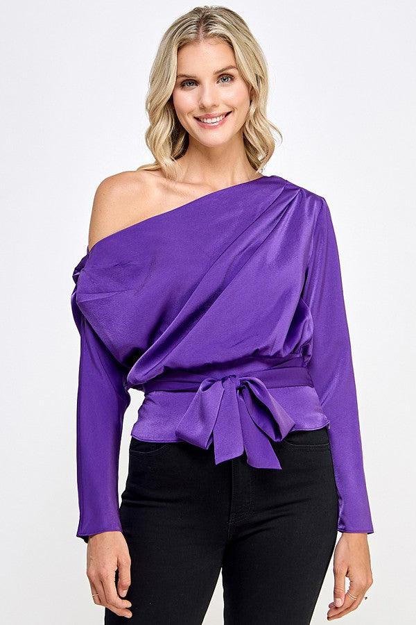 l/s off one shoulder satin belted top - RK Collections Boutique
