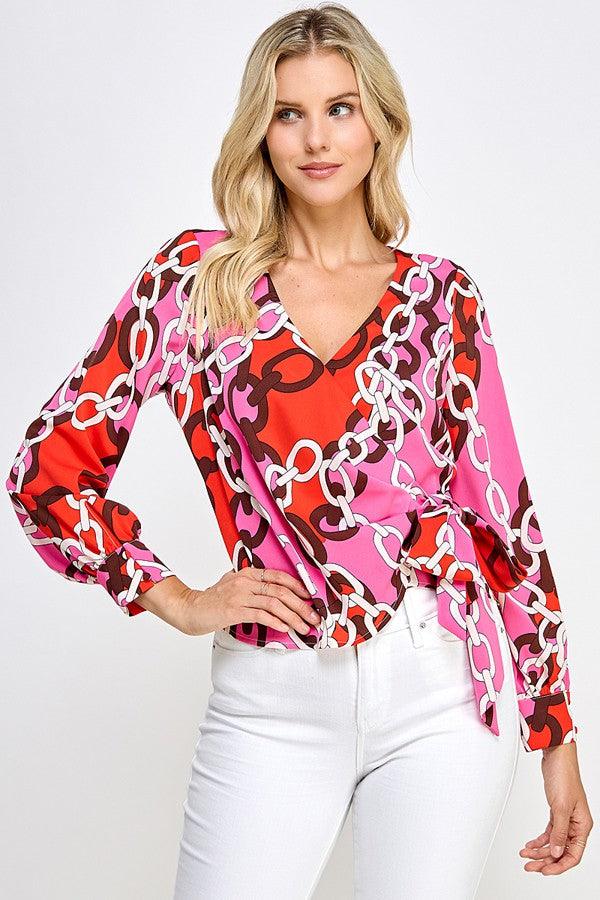 chain print long sleeve surplice top - RK Collections Boutique