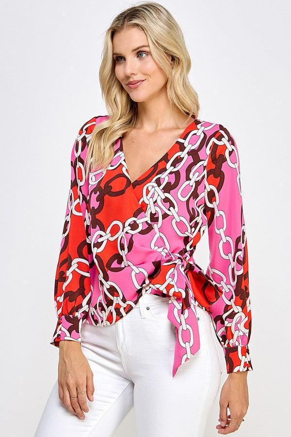 chain print long sleeve surplice top - RK Collections Boutique