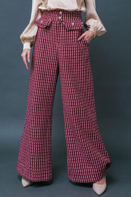 tweed wide leg pearl button plaid pants - RK Collections Boutique