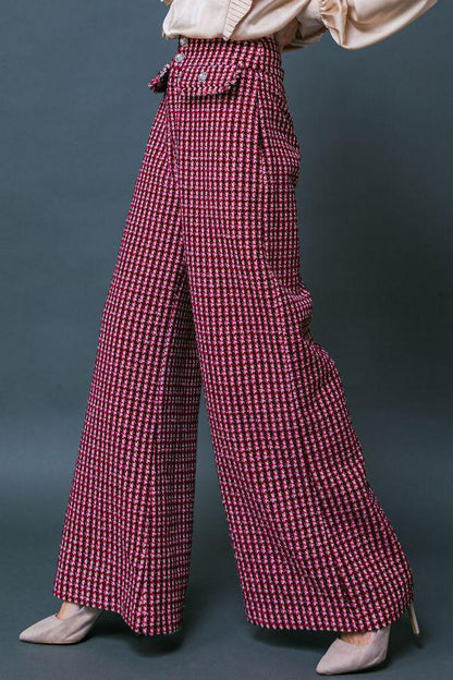tweed wide leg pearl button plaid pants - RK Collections Boutique