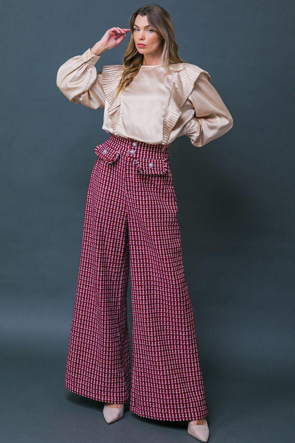 tweed wide leg pearl button plaid pants – RK Collections Boutique