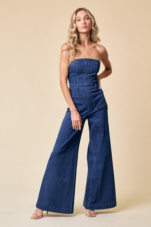 strapless wide leg denim jumpsuit