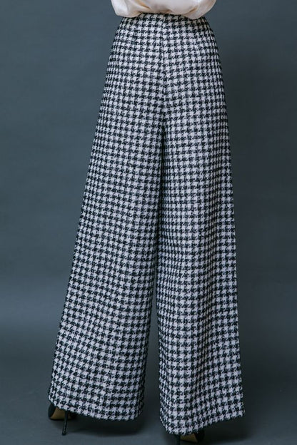 tweed houndstooth wide leg pearl button pants