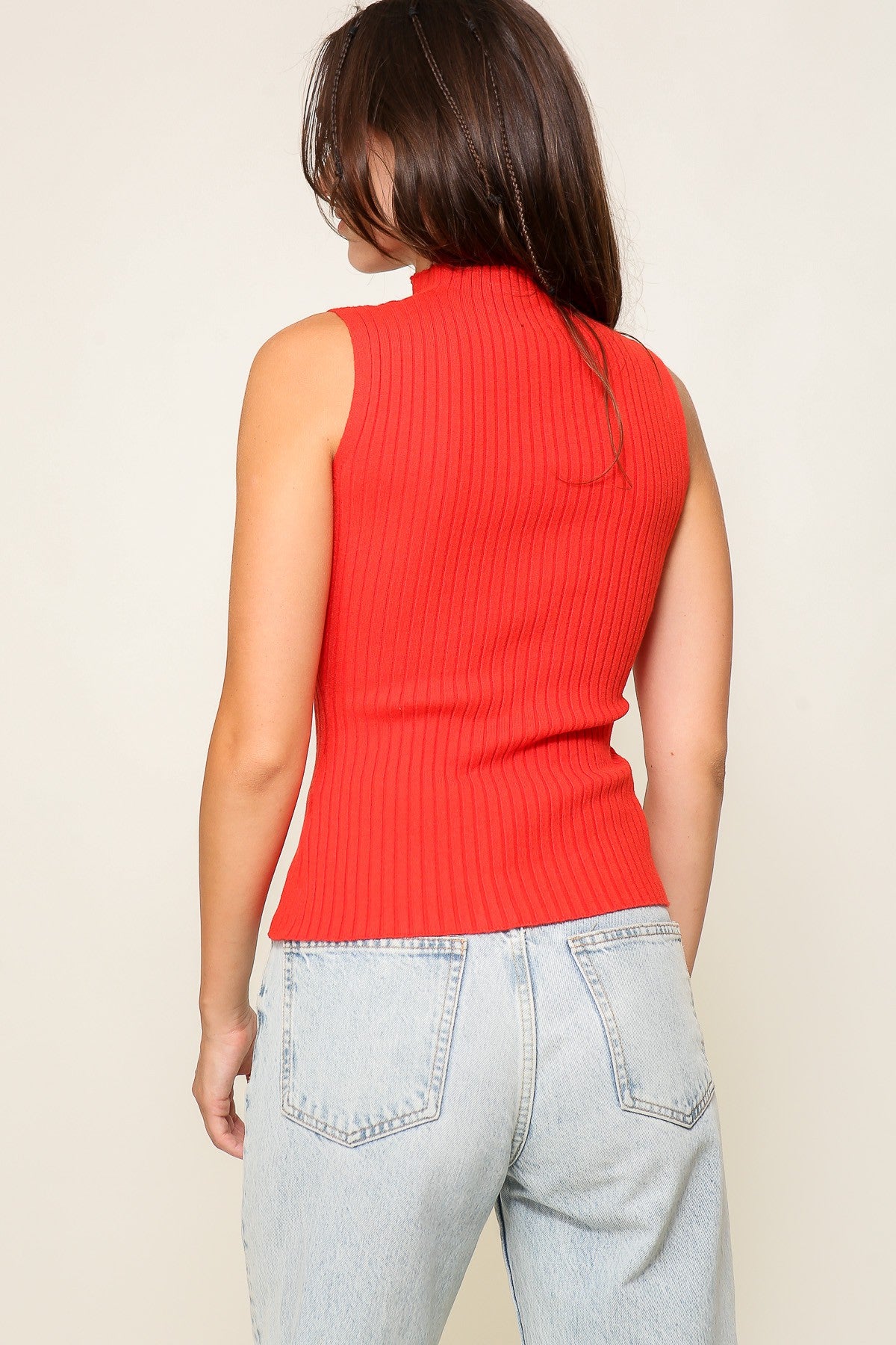 cut out sleeveless ribbed mock neck top