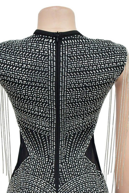 rhinestone studded shoulder fringe mini dress