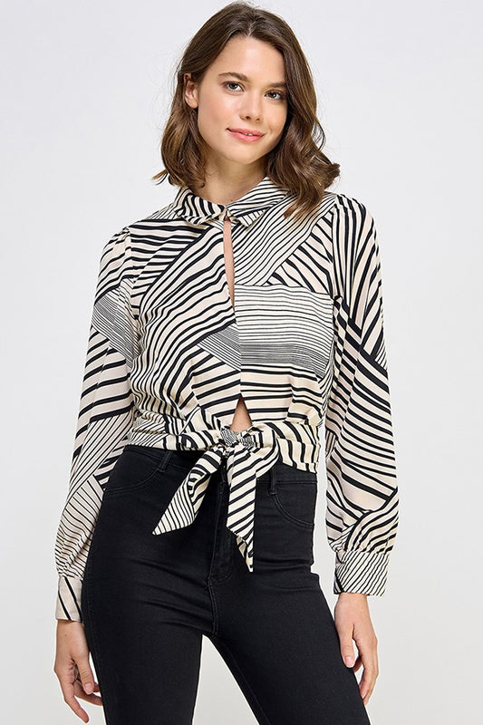 Printed Long Sleeve Shirt Top with Front Tie