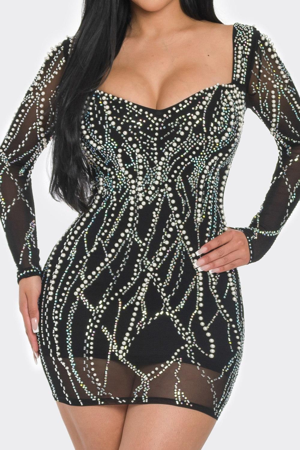 sheer long sleeve rhinestone & pearl mini dress - RK Collections Boutique
