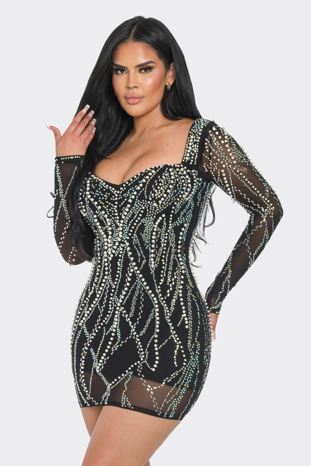 sheer long sleeve rhinestone & pearl mini dress Black / LARGE sheer long sleeve rhinestone & pearl mini dress Black / LARGE