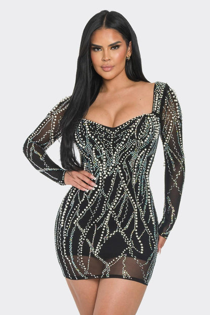 black long sleeve dress with rhinestones gradient rhinestone long sleeve dress Black / Small