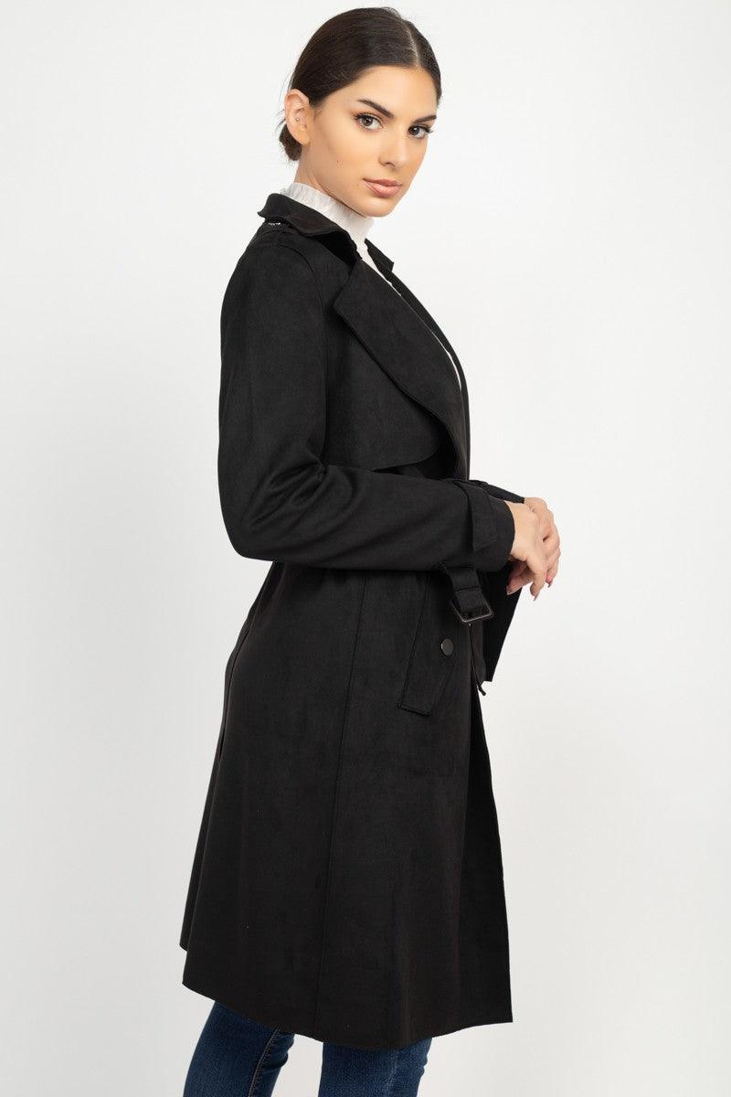 belted faux suede double breasted coat