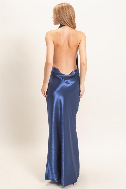 Satin Cowl Neck Halter Maxi Dress