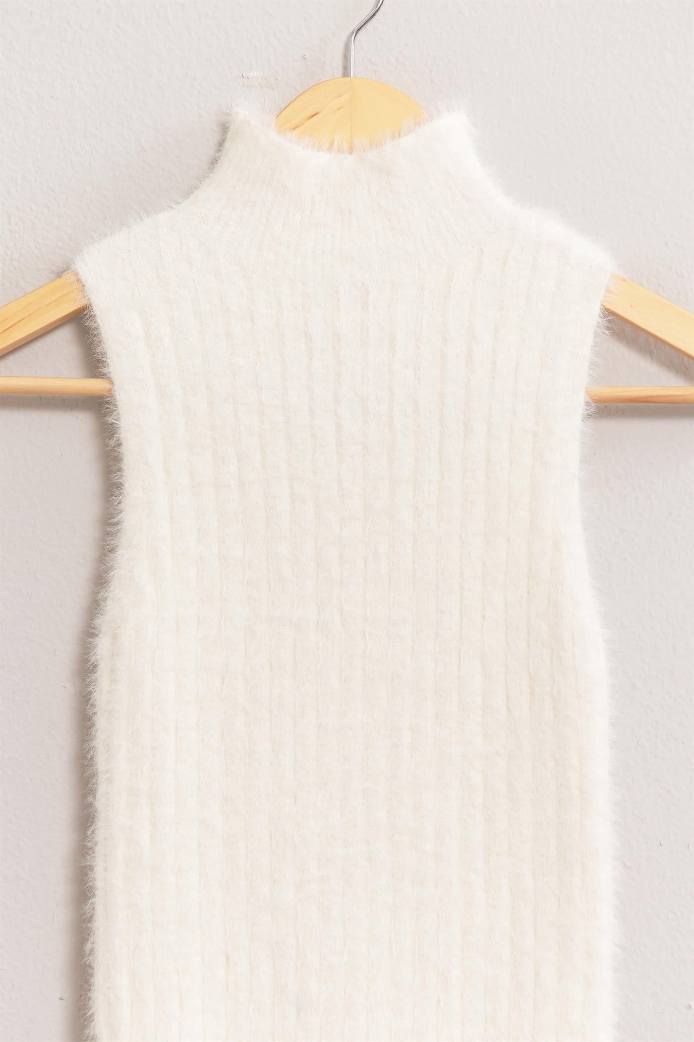 fuzzy mock neck sleeveless knit top