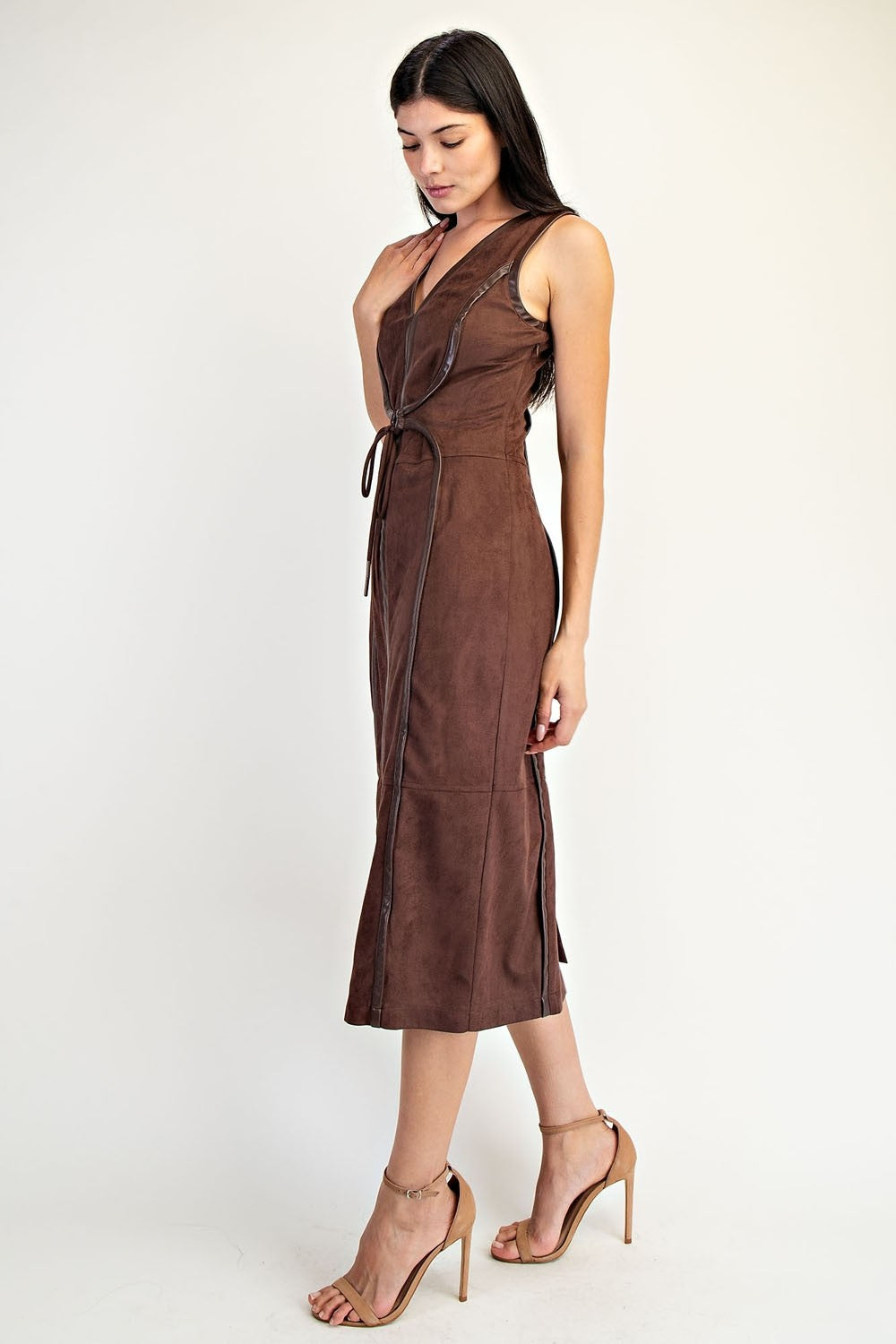 Faux Suede Leather Trim Sleeveless Midi Dress