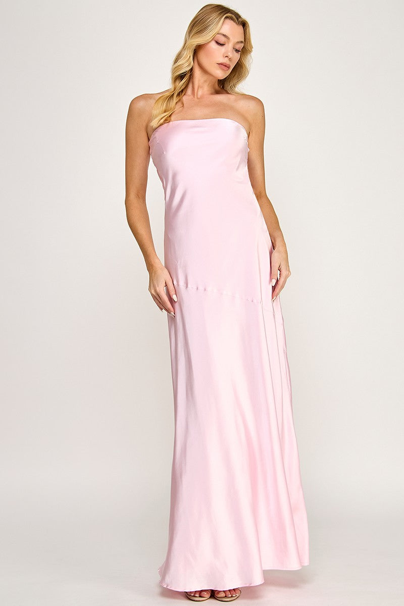 Strapless Satin Backless Maxi Dress