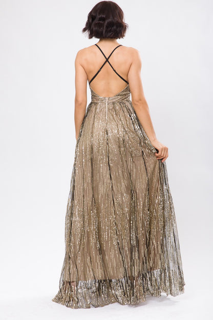 glitter mesh deep v neck maxi dress