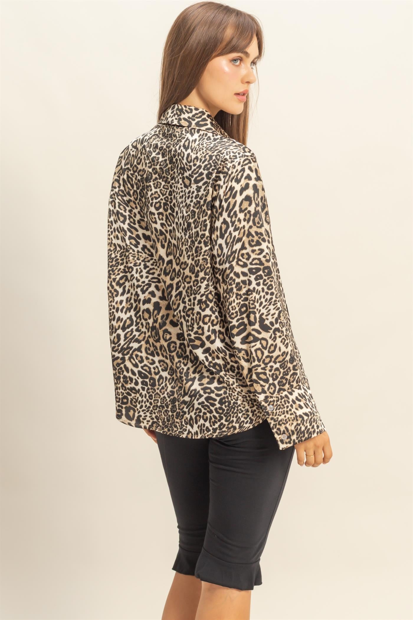 Leopard Print Satin Button-up Shirt